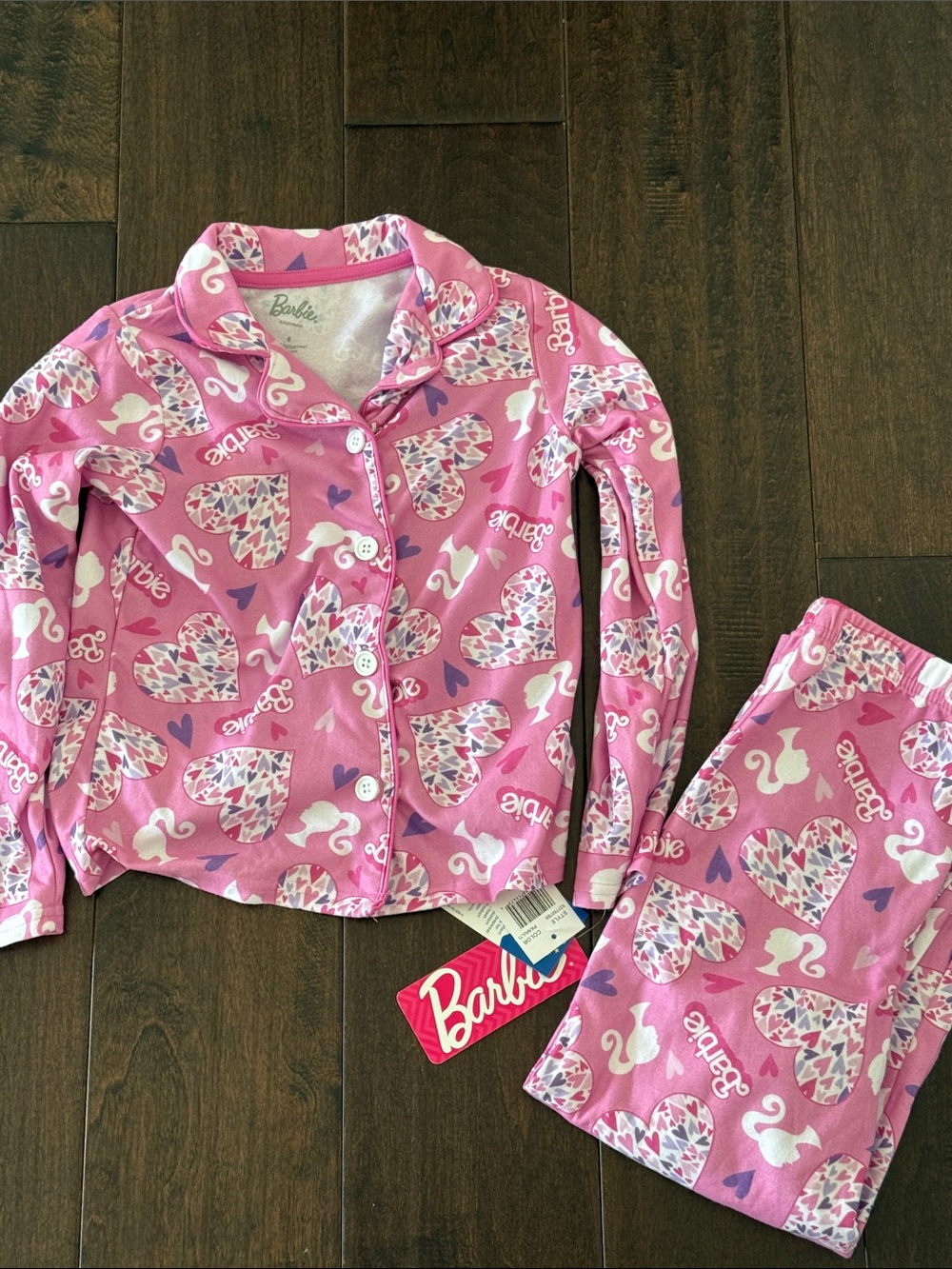 NWT Girls Cozy Barbie Pink Heart Kids Button-Front Pajama Set
